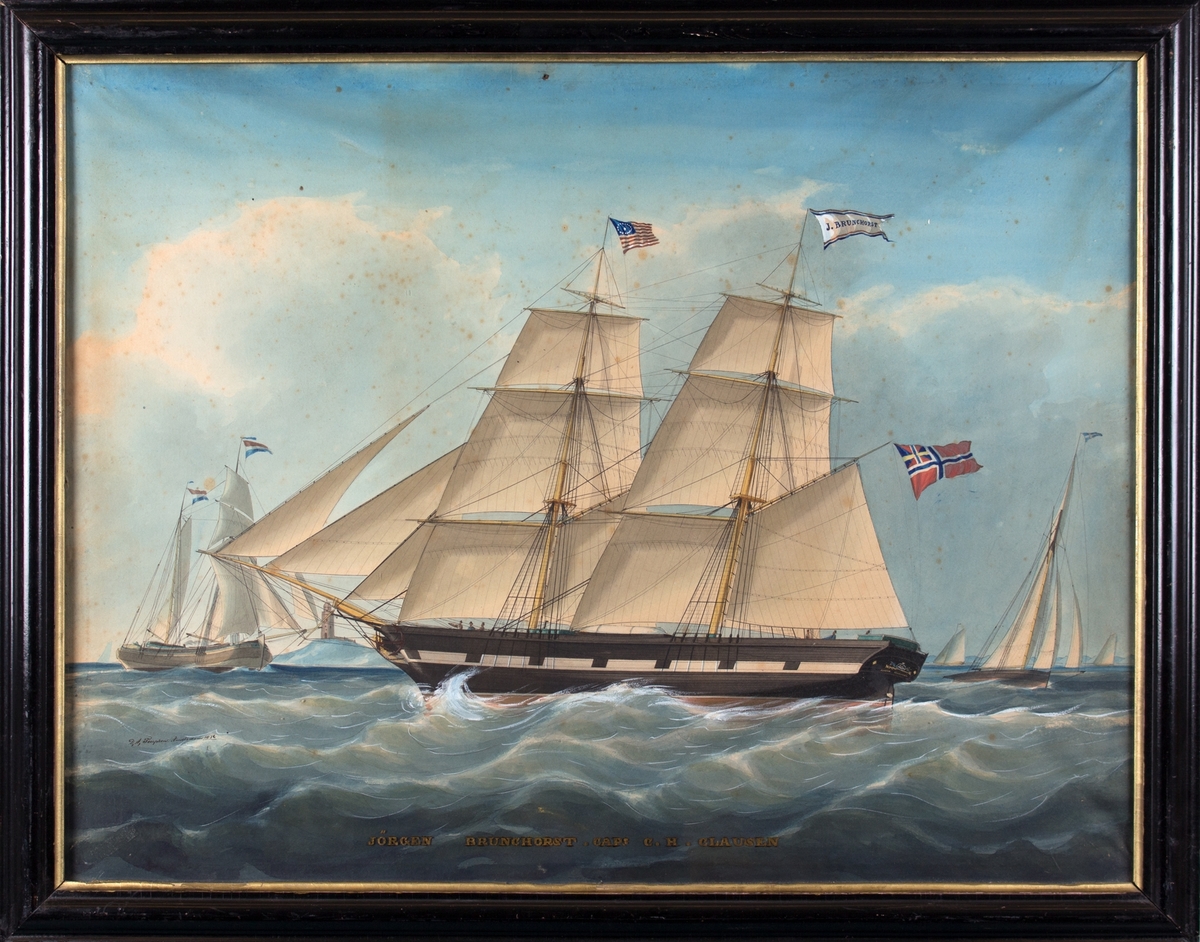 Skipsportrett av brigg JØRGEN BRUNCHORST, fører C. H. Clausen. Skipet fører amerikansk flagg i fokkemasten og banner med skipetsnavn og norsk-svensk unionsflagg i messanmasten. Skip i bakgrunn med nederlandsk flagg og med svensk flagg.