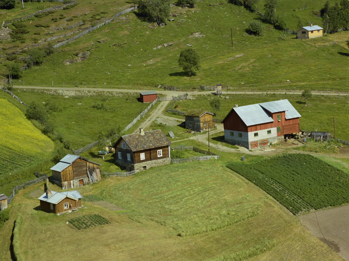 Sør-Fron, Hundorp, Rolvsbakken Gamle særegne bygninger. Våningshus med hvite vinduskarmer og skiftertak, Stor, ny rød og hvit driftsbygning, tre andre hus, ett med torvtak, to med bølgeblikktak. Engmark og potetåker i front, Kvarvvegen og gardsveg bak.