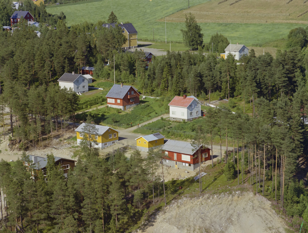 Øyer, Tretten østside. I skogholtet oppe til venstre, vises Aurvoll skole, gul bygning med svart skifertak. Nede i høyre billedkant, et sandtak. Husene som vises, har adresse til Kjørkjebakken. Furutrær og dyrket mark øverst til høyre.