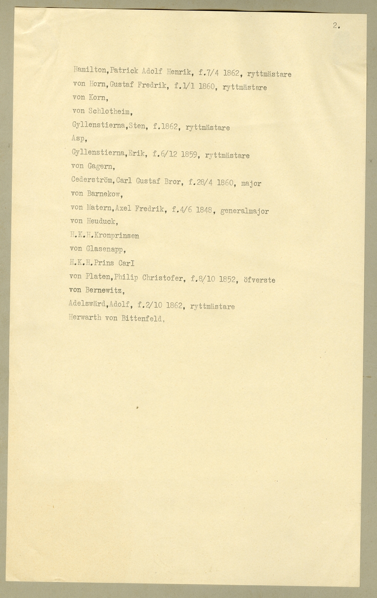 Grupporträtt av officerare med Kronprins Gusta och prins Carl hos Kronprinsens husarregemente K 7. Malmö den 2 juni 1906.
För namn, se bild nr. 2, 3 och 4.