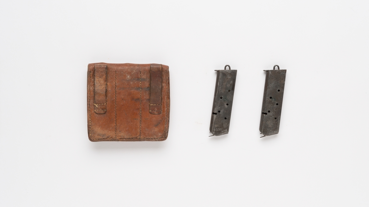 Tilnærmet kvadratisk veske i lær (A) med plass til tre rektangulær magasiner i stål (B-C)