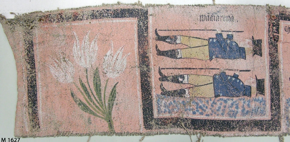 Bonadsmålning av Sven Nilsson (1800-1861) från Härnäs i Blekinge, med religiösa motiv. Målad med tempera - pigment, ägg och ev. mjöl (Nyström 2012:150-151) - på lite grövre tuskaftvävt linnetyg.

Föreställande Väktaren, Christi uppståndelse, Christi korsfästelse, 
Christus bär sitt kors, Christus hudflänges, Petrus nekar, svär och gråter, 
Christus förrådes av Judas.
Inskrivet i huvudkatalogen 1892-1900.

se Eva Kjerström-Sjölin, "Trane-Sven. Bonadsmålaren Sven Nilsson i Härnäs", Blekingeboken 1971.