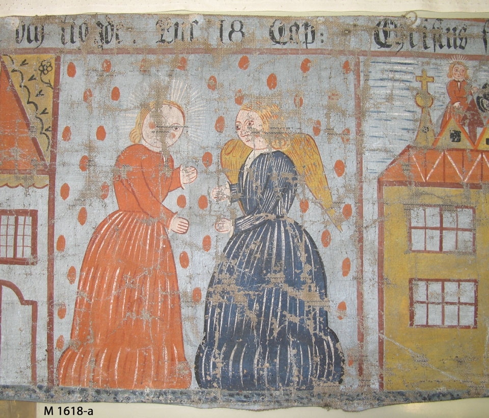 Bonadsmålning av Sven Nilsson, 1833 (Eva Kjerström-Sjölin, 1971:82) med religiösa motiv. Målad med tempera - pigment, ägg och ev. mjöl (Nyström 2012:150-151) - på tuskaftvävt linnetyg med blå varpränder. Har troligen suttit ihop med M 10615-a med de gemensamma motiven enligt registerkortet - Jesu inridande i Jerusalem, Christi frestelse av djävulen, änkans son i Nain, Jesu bergspredikan, "Soli Deo gloria" samt försedd med inskrift.

Inskrivet i huvudkatalogen 1892-1900.