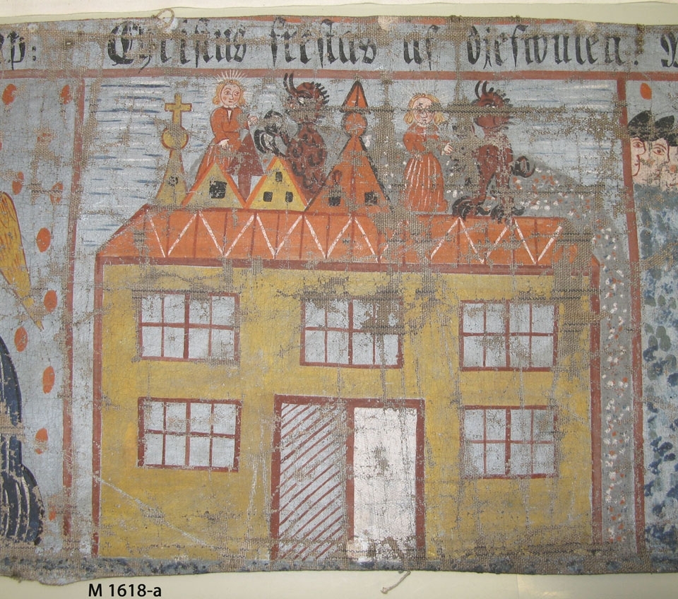 Bonadsmålning av Sven Nilsson, 1833 (Eva Kjerström-Sjölin, 1971:82) med religiösa motiv. Målad med tempera - pigment, ägg och ev. mjöl (Nyström 2012:150-151) - på tuskaftvävt linnetyg med blå varpränder. Har troligen suttit ihop med M 10615-a med de gemensamma motiven enligt registerkortet - Jesu inridande i Jerusalem, Christi frestelse av djävulen, änkans son i Nain, Jesu bergspredikan, "Soli Deo gloria" samt försedd med inskrift.

Inskrivet i huvudkatalogen 1892-1900.