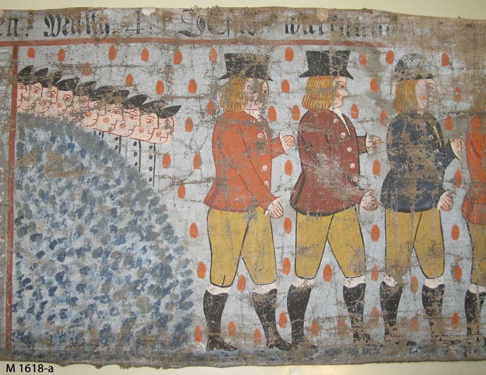 Bonadsmålning av Sven Nilsson, 1833 (Eva Kjerström-Sjölin, 1971:82) med religiösa motiv. Målad med tempera - pigment, ägg och ev. mjöl (Nyström 2012:150-151) - på tuskaftvävt linnetyg med blå varpränder. Har troligen suttit ihop med M 10615-a med de gemensamma motiven enligt registerkortet - Jesu inridande i Jerusalem, Christi frestelse av djävulen, änkans son i Nain, Jesu bergspredikan, "Soli Deo gloria" samt försedd med inskrift.

Inskrivet i huvudkatalogen 1892-1900.