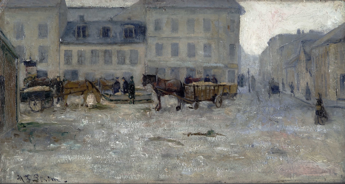 Vinterbilde. Midt på torget er samlet flere kjørekarer med sine hestekjøretøyer. Til h. går Fred Olsens gate. Husrekken til v. lå der hvor Amerikalinjens gård ligger. 