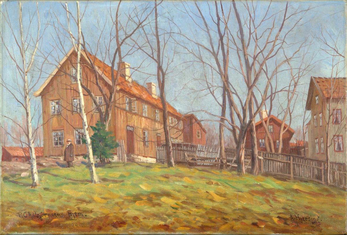Rosenborggt. 2. Til v. ligger gulbrunt, spissgavlet hus. Foran gavlsiden står en gammel mann med hvitt skjegg. Til h. sees ett rødt og litt av et grått hus. 