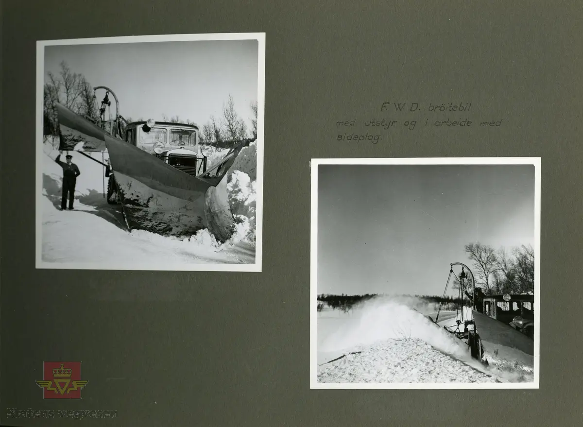 Snøbrøyting med FWD lastebil modell SSU, med spissplog og sideplog vinteren 1937. Mannen på planet betjener plogen ut og inn, og i høyden. Klikk på pilen til høyre for å se flere bilder. Bilde nr. 2 viser FWD brøytebil i arbeid med sideplog. Bilde nr. 3 viser FWD brøytebil. Bilde nr. 4 har påskrevet tekst på bildet :" I Troms Fylkes Veivesen".  Disse 4 bildene er fra Colbjørnsen & Co A/S sitt album. Men det kan tenkes at brøytebildene som vises her er fra Narvik, da strekningen Narvik - Tromsø ved Takvand er merket i albumet til tidligere vegdirektør Andreas Baalsrud "Mindealbum fra Troms". Et album han fikk fra deltagerne i Vei og Jernbanekommiteens reise i 1937, og som blant annet viser samme brøytebilder. Bilde nr. 5 og nr. 6 er fra vegdirektør Baalsruds Minnealbum fra Troms 1937. 

Ref. til artikkel i "Vegvesenets redskaper og maskiner 1941," av overingeniør Johs. Eggen, side 131. Merk "Fig. 212. Forplog og kantplog. Vegvesenet i Troms fylke. Kantplogen henger i en david." Jf. side 137. Se vedlegg i Nedlastinger for mer informasjon om ploger.