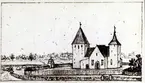 Teckning av Persnäs kyrka. Serie efter Rhezelius.