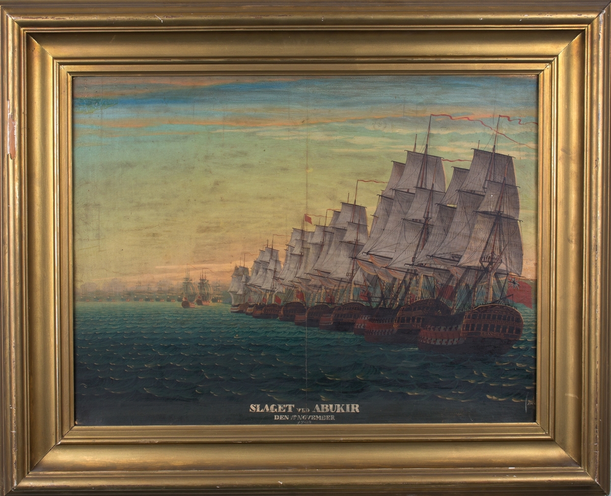 Gouache av slaget ved Aboukir. Motivet viser de britiske linjeskipene mot den franske flåte, som har ankret sammen skipene til en slaglinje i bakgrunnen. Vi ser den britiske flåte i sluttet formasjon med admiralen (rødt flagg) midt i linjen, det bakerste skipet er LEANDER.