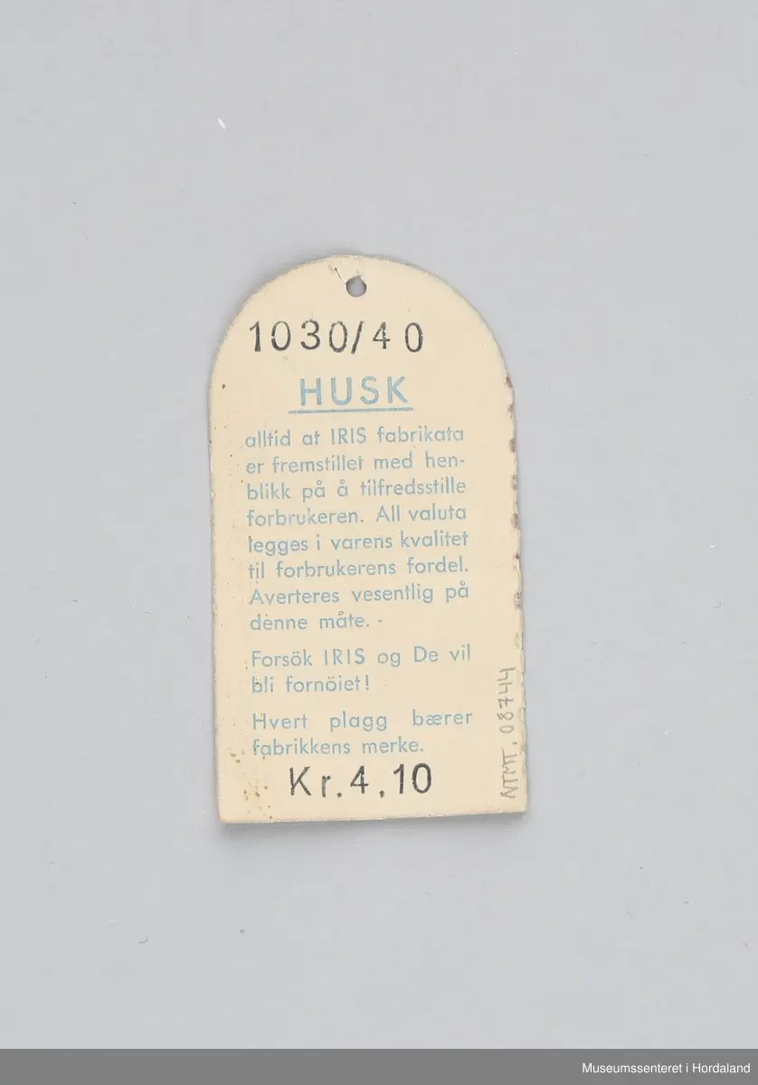 Papirmerkelapp til Iris undertøy.