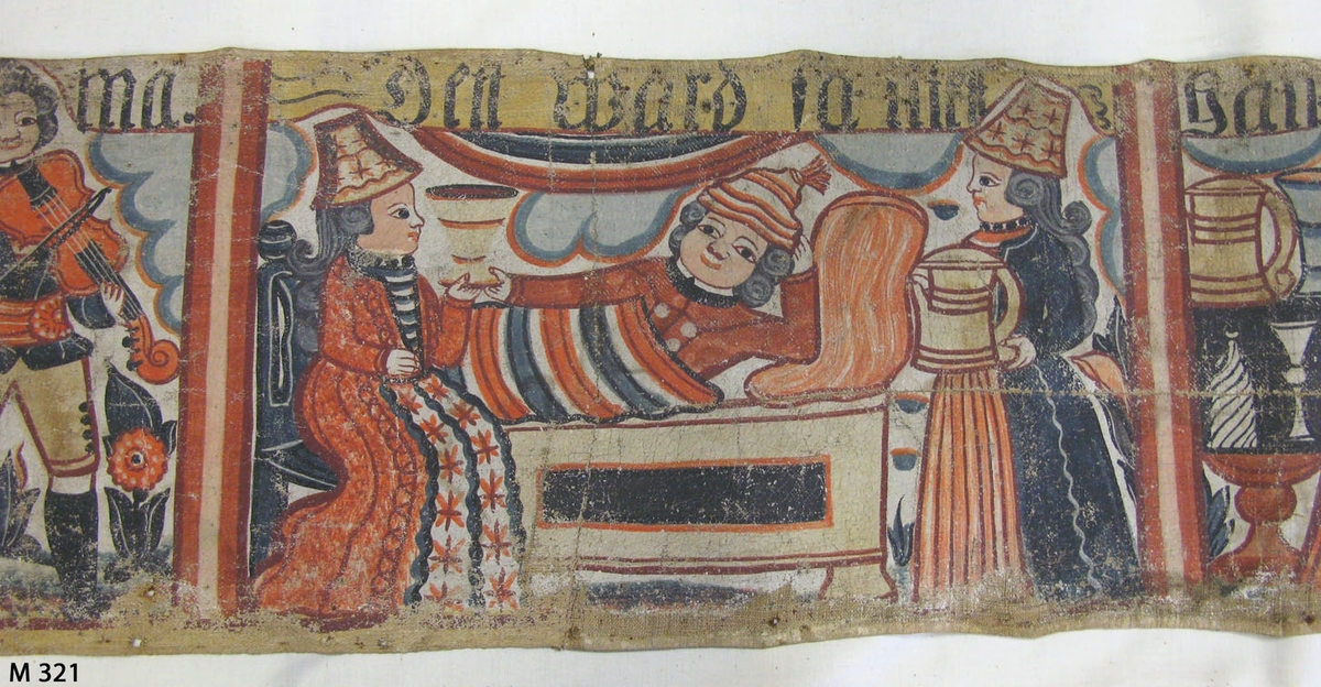 Bonadsmålning från Brearedsgruppen med religiöst motiv i blått, rött, orange och gult målad med tempera på tuskaftvävt linnetyg - pigment och ägg/äggula plus ev mjöl. De gröna pigmenten kan vara orpiment eller schweinfurtergrönt båda innehållande arsenik (Nyström 2012:150-151).

Bonaden är troligen målad av Johannes Nilsson (1757-1827) verksam i Gyltige, Breared socken eller hans elev Anders Pålsson (1781-1849) verksam i Trönninge söder om Halmstad. Bonaden är märkt Breared PPS i övre höger hörn vilka initialer inte liknar någon känd bonadsmålare förutom de sista PS i Anders Pålsson. Men stilen vid jämförelse med andra bonadsmålningar liknar mer Johannes Nilssons än Anders Pålssons.