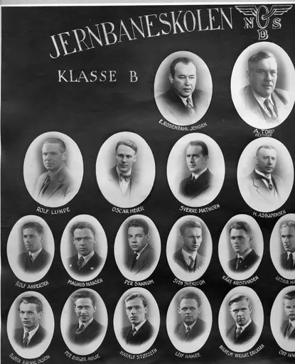Jernbaneskolen -  Telegrafistkurset klasse B. 10/1 - 30/5-1941.
Rekke 1 (øverst) fra venstre: E. Rosendahl Jensen, A. Torp, Morgen Lie.
Rekke 2 fra venstre: Rolf Lunde, Oscar Heier, Sverre Mathisen, H. Asbjørnsen                    , Arnt M. Halvorsen, H. Rustad, Erling Sørli.
Rekke 3 fra venstre: Rolf Andersen, Magnus Hansen, Per Sannum, Sven                               Svensson, Kåre Kristiansen, Arthur Maursund, Rolf                                   Heidal, Ola Jensen, Johan Lund, Gunnar Torkildsen.
Rekke 4 fra venstre: Bjørn Kalvig Olsen, Per Birger Aulie, Harald Størseth, 
                              Leif Hamre, Wilhelm Wright Ericksen, Odd Hagen, 
                              Birger Borgen, Torjus Horverak, Per R. Jacobsen,                                    Petter Andreassen.