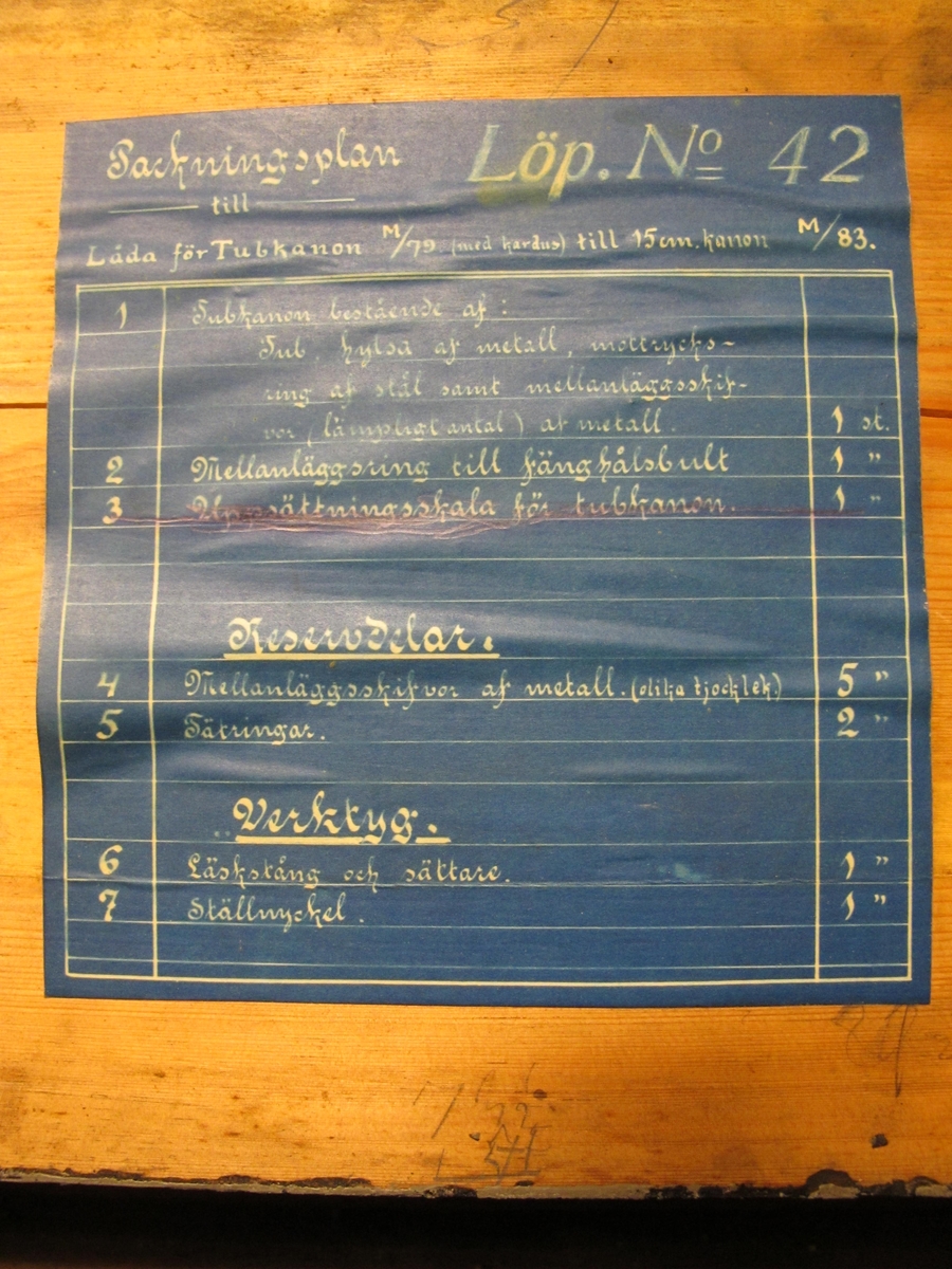 20 mm tubkanon M/1879 till 15 cms k. M/1883.
1) tubkanon,stål, svagt konisk, styrlist å
långa fältet. Märkt: N:o 4943. N:o 42 tecknad krona
Längd: 1150 mm
Diam: 84-52 mm

2) Stödhylsa av metall med stödfläns och
skål. 3 st. centreringsskruvar. Märkt: Skagul
N:o 4943, tecknad krona
Längd: 816 mm
Diam: 210 - 70 mm - 155.

3) Mellanläggsring,stål.
Diam: 92 mm
Tjocklek: 13.5 mm

4) Belllevillefjäder.
Diam: 95 mm
Tjocklek: 4 mm

5) Mellanläggsring,koppar   D=83    Tj=0.8
6) Mellanläggsring,lika N:o 5  =88    Tj=1.0
7) Mellanläggsring,lika N:o 5  =86.5    =0.9
8) Mellanläggsring,lika N:o 5. =89       =1.1
9) Mellanläggsring,lika N:o 5 =82.5    =0.9
10) Mellanläggsring,mässing,
lika N:o 5=83     =0.3
11) Mellanläggsring,lika N:o10=84    = 0.2
12) Mellanläggsring,lika N:o10=86    =0.3
13) Mellanläggsring,lika N:o10 =78.5  =0.5
14) Mellanläggsring, (bakom fänghålsbultens
huvud), stål.
Diam: 65 mm
Tjocklek: 17 mm
15) Tätring,stål, märkt: 11.
Diam: 35 mm
Tjocklek: 8.5 mm
16) Tätring,lika N:o 15. Omärkt.
17) Tappnyckel,stål, till centreringsskruvarna.
Kronstämplad:  tecknad krona  8 - kantig.
Längd: 150 mm

18) Sättare,alm, klädd med otjärad märling.
Sättarkolv med stoppinne.
Längd: 488 mm
Diam: 21.5 mm

19) Förvaringslålda,fur, gråmålad, med lock
och överfall. Handtagsstroppar av tross
Inbränt: A.L.N. 42. Fastklistrad pack-
ningsplan.
Storlek: 1310 x 275 x 275 mm