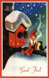Julekort. Ubrukt. Vintermotiv. En nisse sitter utenfor et fu