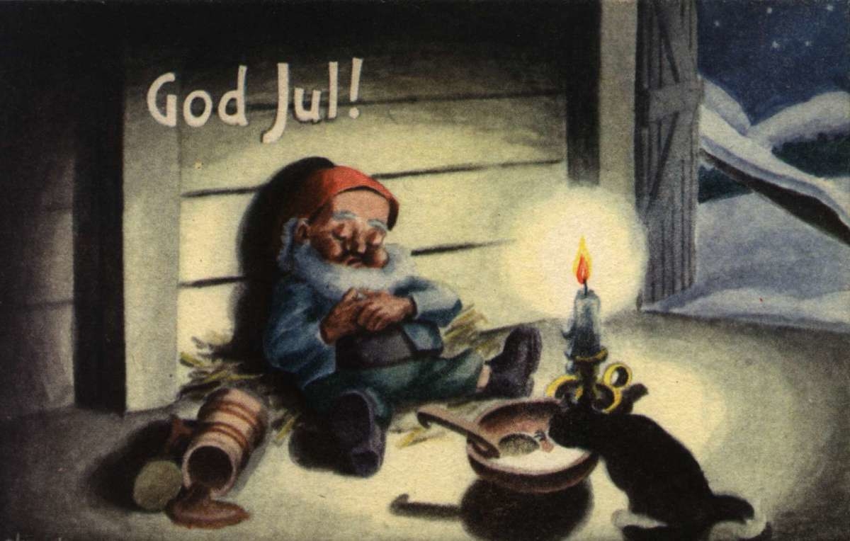 Julekort.Ubrukt. Interiørt uthus. Sovende nisse ved grøtfatet.