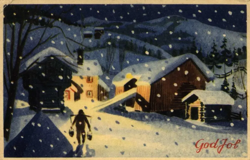 Julekort. Jule- og nyttårshilsen Vintermotiv. Landskap. Gårdstun i kveldslys. Påskrift: God jol.