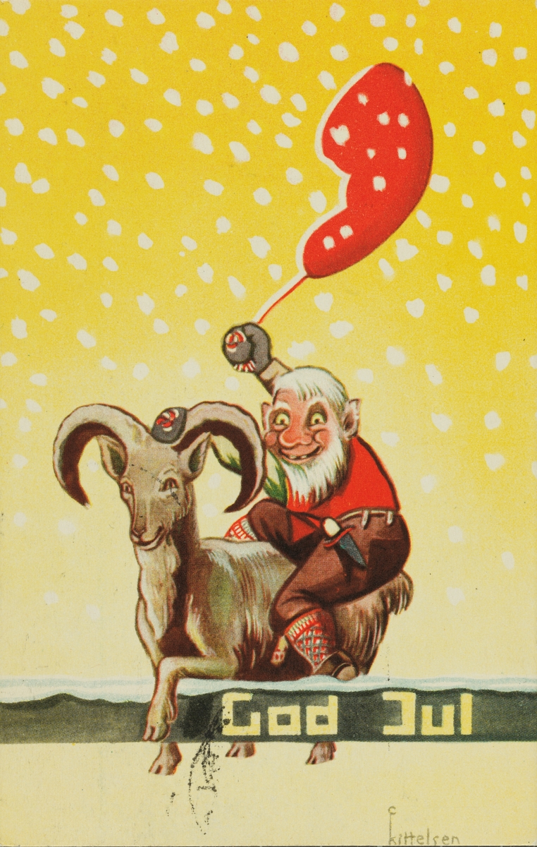 Julekort. Jule- og nyttårshilsen.  Vintermotiv. En nisse rir på en geitebukk. Nissen svinger med lua. Illustrert av Christian Kittelsen. Poststemplet 21.12.1933.