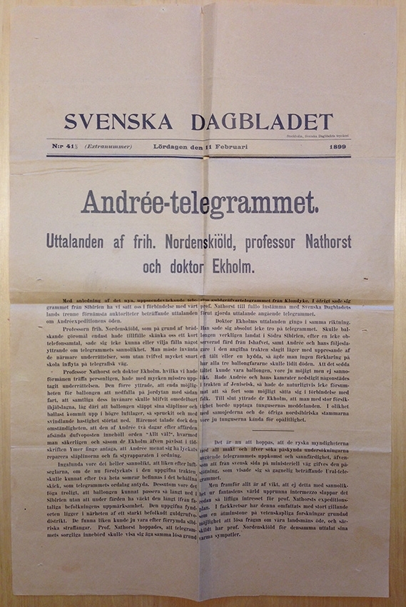 Löpsedel, extranummer, med rubrik "Andrée-telegrammet. Uttalande af frih. Nordenskiöld, professor Nathorst och doktor Ekholm."