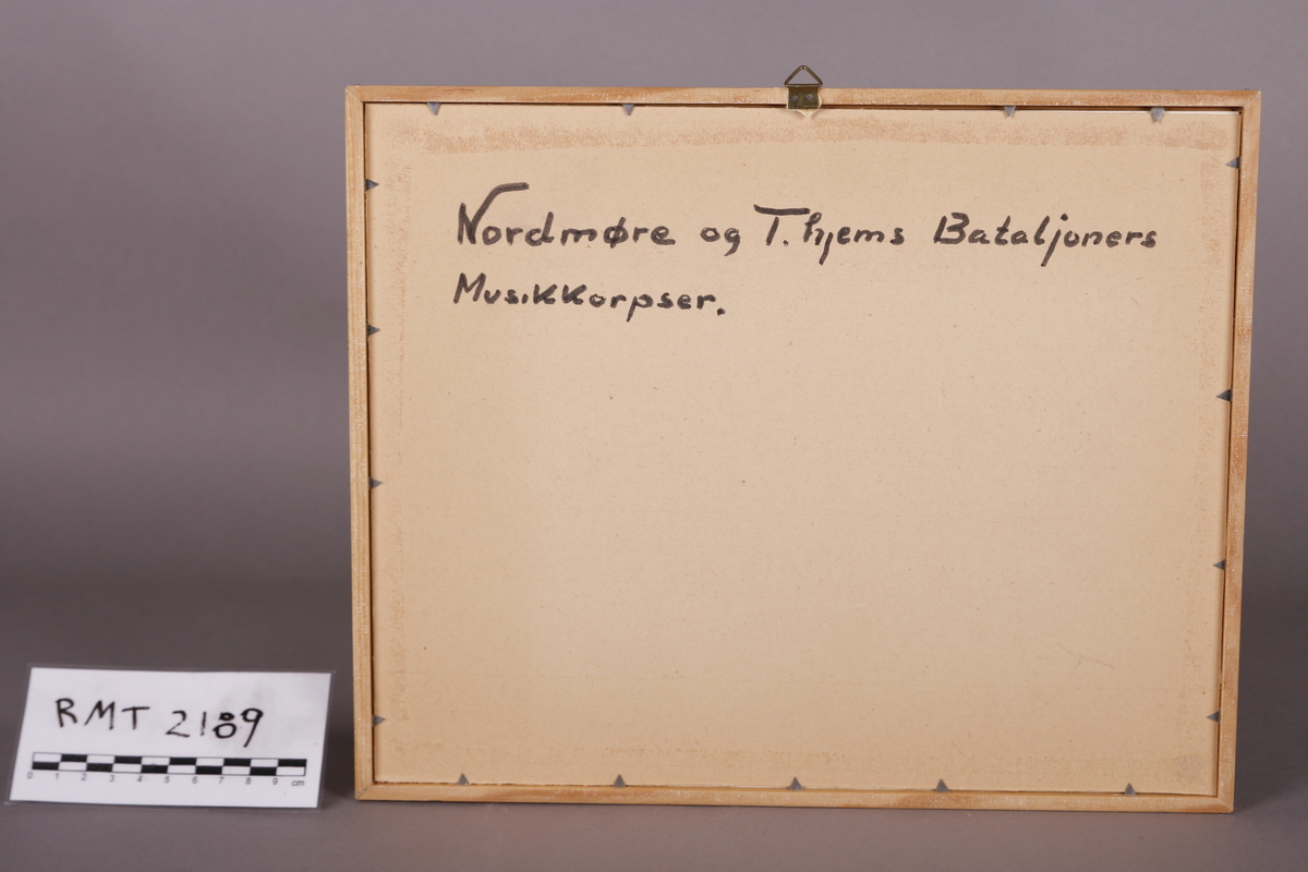 Gruppebilde utendørs av Nordmøre og Tronhjems Bataljoners Musikkorpser. 
Datering: etter 1894.