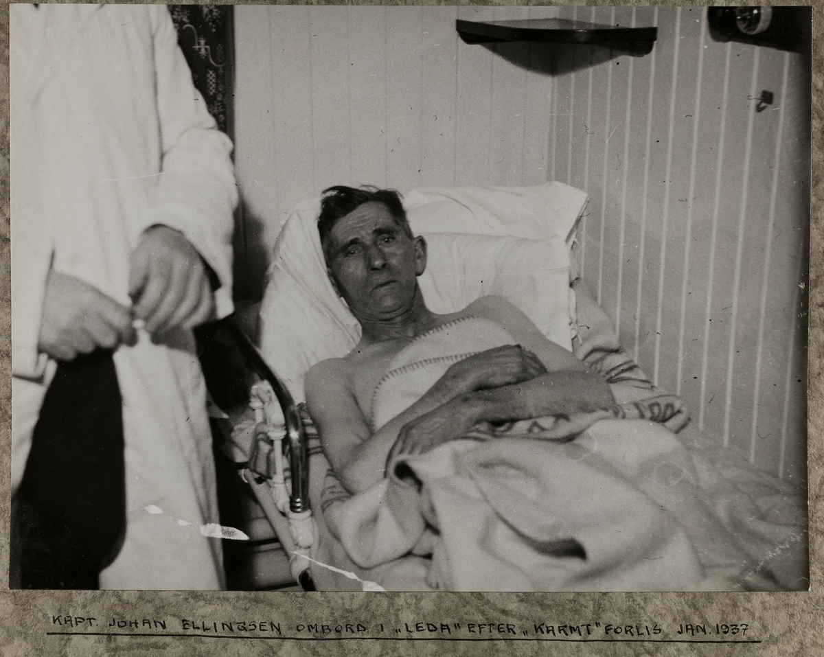 Kapt. Johan Ellingsen ombord i "Leda" efter "Karmt" forlis jan. 1937