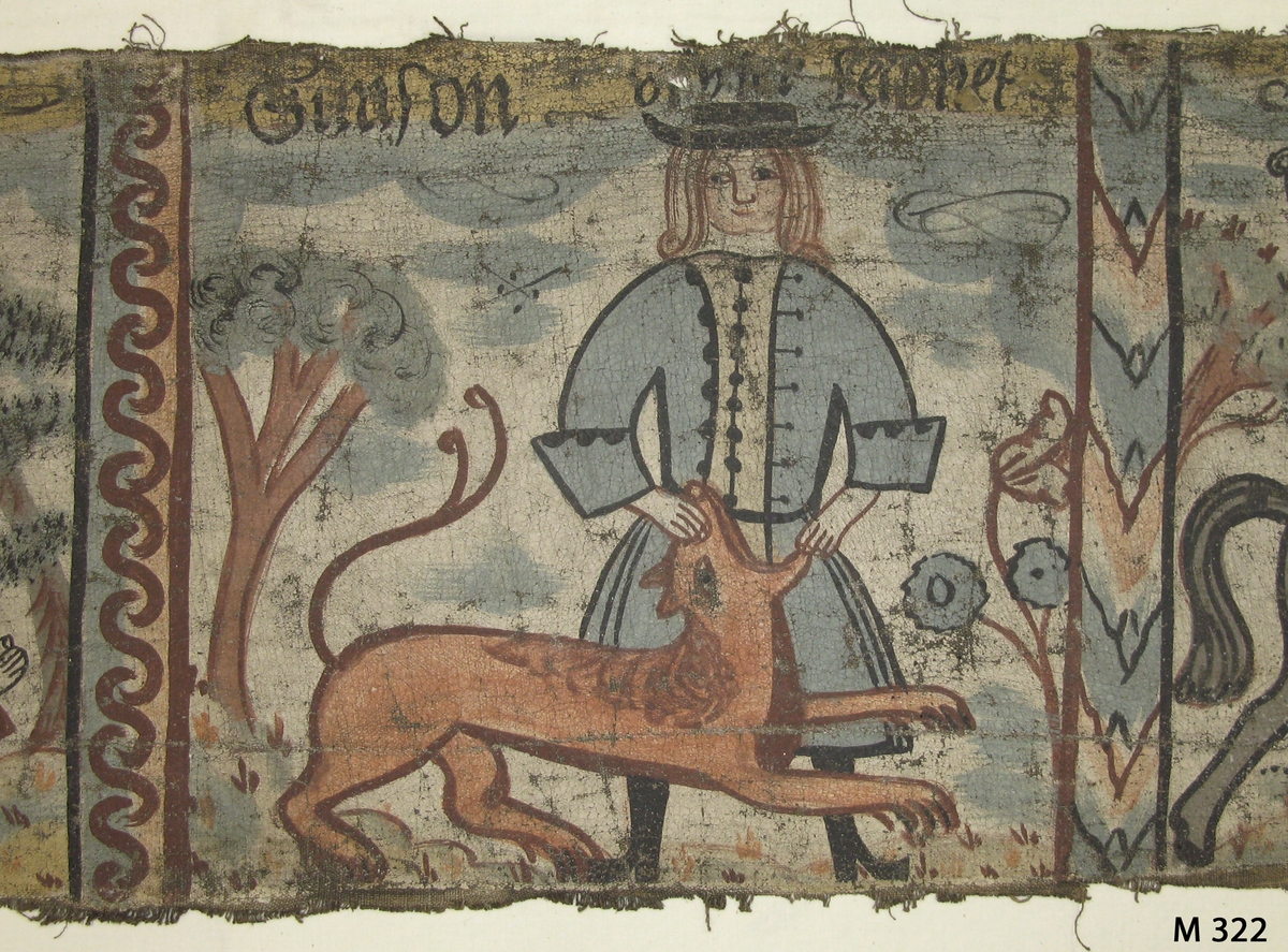 Bonadsmålning på grövre linnelärft målad i tempera - pigment, ägg och ev. mjöl - som framställer: 1) Pelikan, 2) Ängelns uppenbarelse för profeten Elias, 3) Simson och lejonet, 4) Två ryttare, 5) S:t Görans strid med draken.
Färger: blågrått, gråbrunt, något rött, vitt, ljust grågrönt och något gulvitt.

Inskrivet i huvudkatalogen 1886.