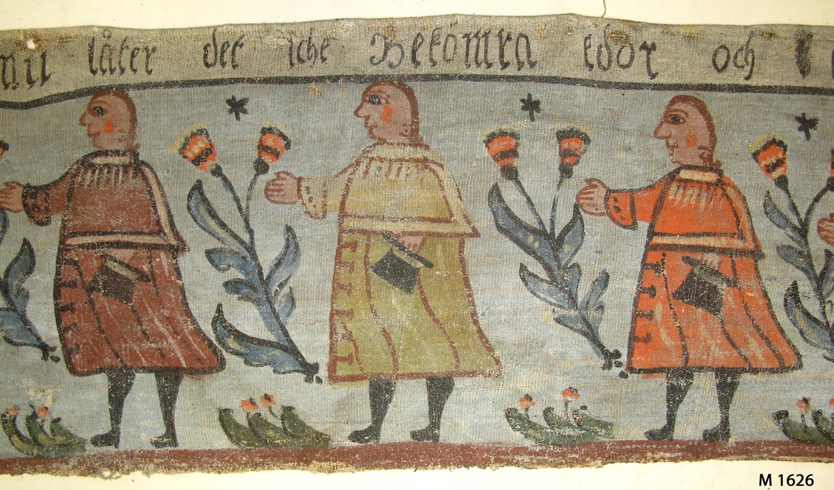 Bonadsmålning på linnelärft målad i tempera - pigment, ägg och ev. mjöl - framställande Josef som bekänner sig för sina bröder, 1. Mos 45. Figurmallar använts till män, hästar och blommor. Troligen målad av någon från Sunnerboskolan. 

Inskrivet i huvudkatalogen 1892-1900.