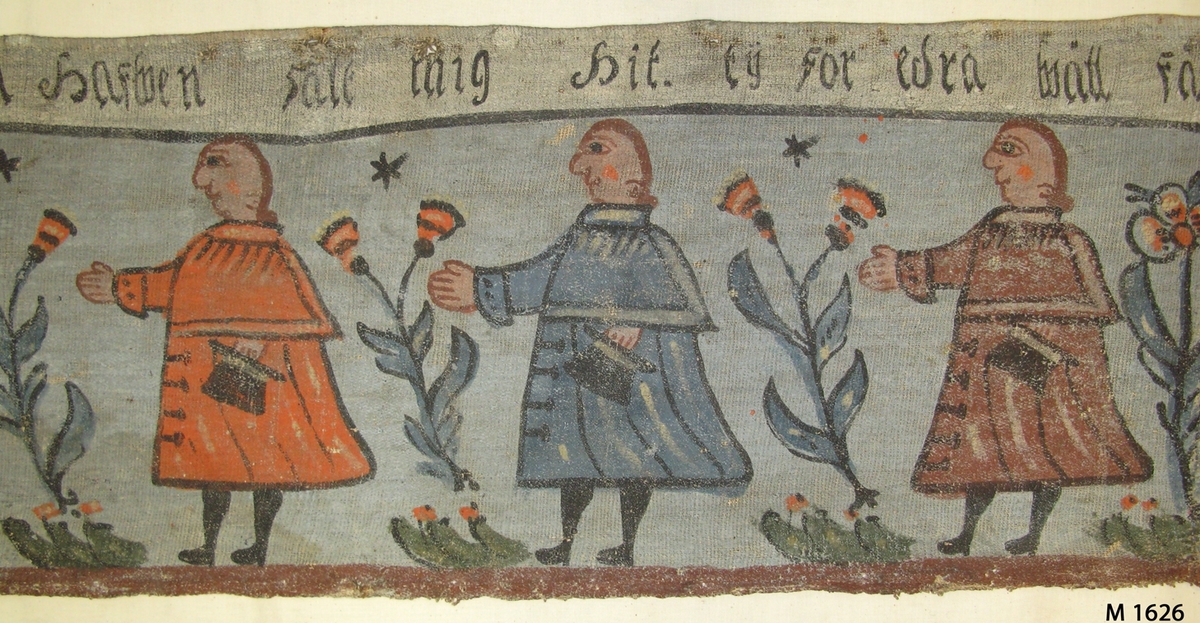 Bonadsmålning på linnelärft målad i tempera - pigment, ägg och ev. mjöl - framställande Josef som bekänner sig för sina bröder, 1. Mos 45. Figurmallar använts till män, hästar och blommor. Troligen målad av någon från Sunnerboskolan. 

Inskrivet i huvudkatalogen 1892-1900.
