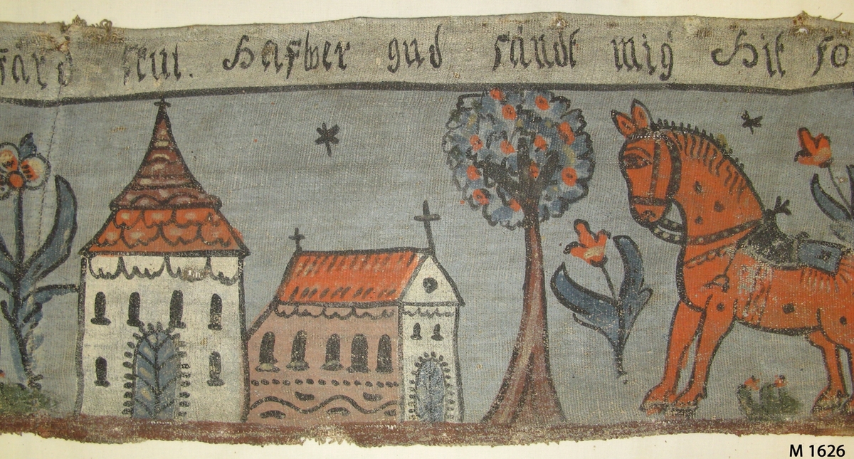 Bonadsmålning på linnelärft målad i tempera - pigment, ägg och ev. mjöl - framställande Josef som bekänner sig för sina bröder, 1. Mos 45. Figurmallar använts till män, hästar och blommor. Troligen målad av någon från Sunnerboskolan. 

Inskrivet i huvudkatalogen 1892-1900.