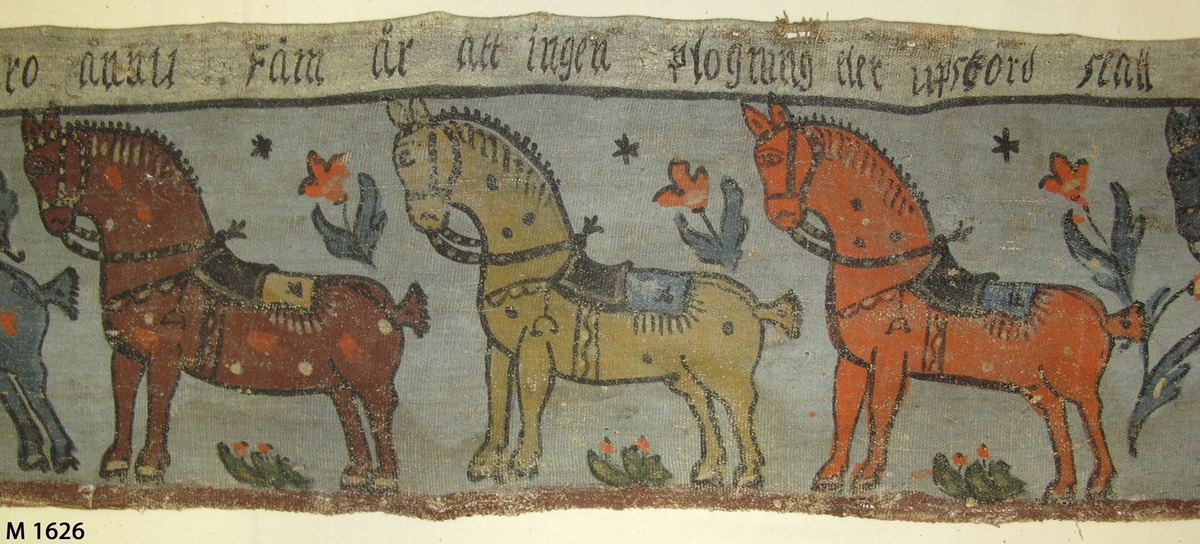 Bonadsmålning på linnelärft målad i tempera - pigment, ägg och ev. mjöl - framställande Josef som bekänner sig för sina bröder, 1. Mos 45. Figurmallar använts till män, hästar och blommor. Troligen målad av någon från Sunnerboskolan. 

Inskrivet i huvudkatalogen 1892-1900.
