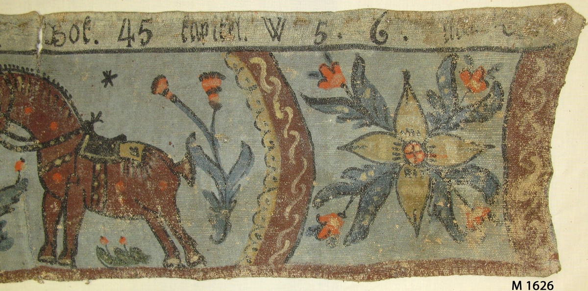Bonadsmålning på linnelärft målad i tempera - pigment, ägg och ev. mjöl - framställande Josef som bekänner sig för sina bröder, 1. Mos 45. Figurmallar använts till män, hästar och blommor. Troligen målad av någon från Sunnerboskolan. 

Inskrivet i huvudkatalogen 1892-1900.