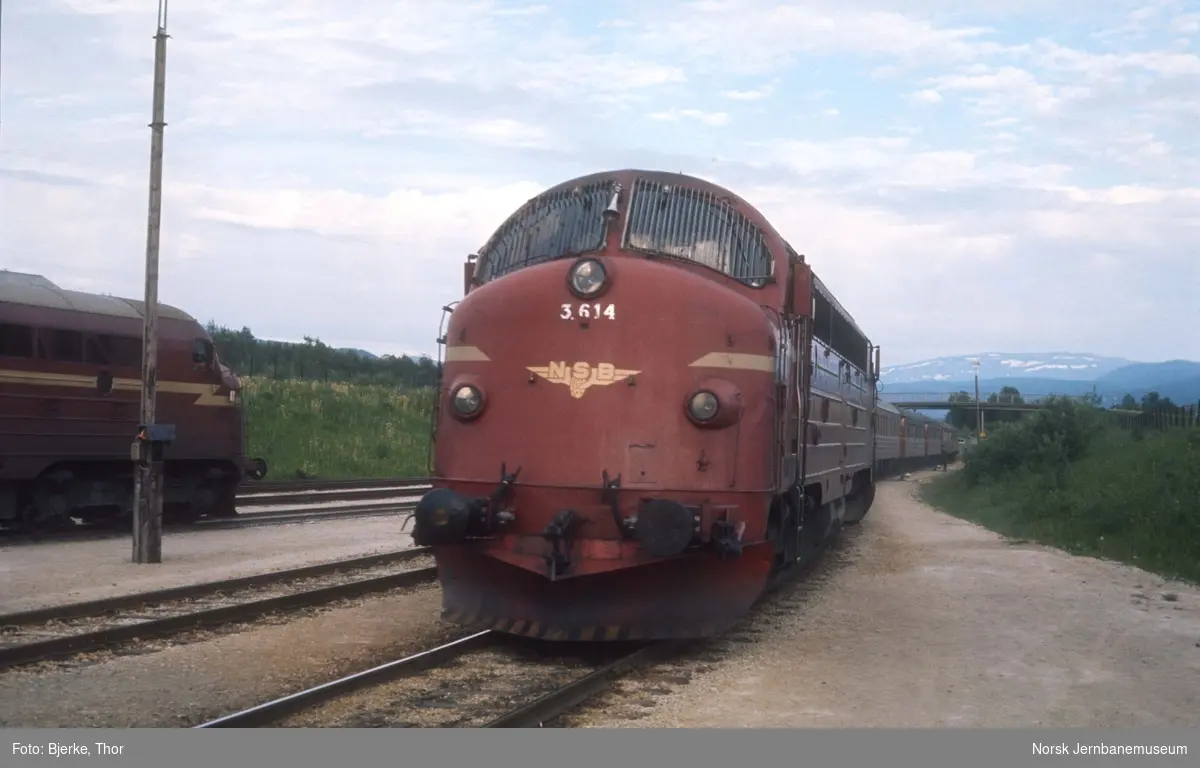 Diesellokomotiv Di 3 614 ankommer Fauske stasjon med nordgående dagtog 451