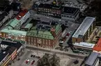 Flygfoto över Nässjö stadshus och tillhörande kvarter.