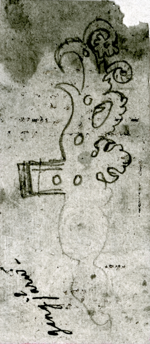 Kalmar slott: Kungsmakets dörr skisser av gångjärn och nyckelskylt. Skisser av Nils Månsson Mandelgren 1848. Två bilder till boken.
På vissa plåtar har Martin Olsson klistrat eltejp för att markera hur bilden skulle beskäras i boken.