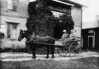 Lissola Anna Persson f. 1869 d. 1953, sonen Klas f. 1910 d. 1930. Agnes Bartelsson och Alma Andersson i vagn efter häst