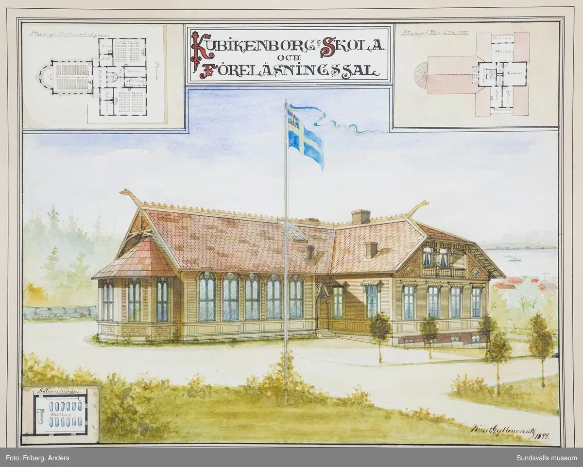 Arkitekt Knut Gyllencreutz ritning av Kubikenborgs skola, daterad 1899 ...