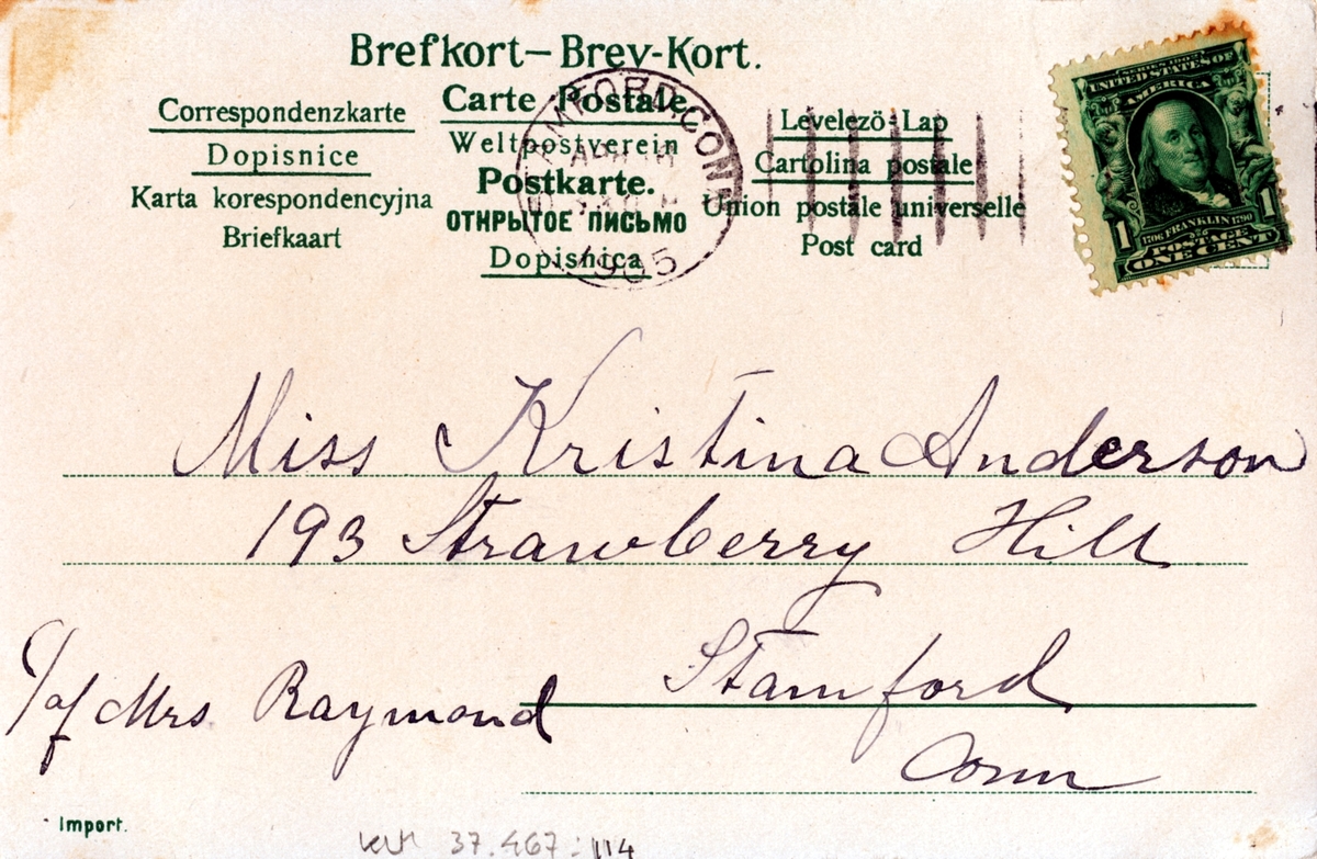 Vykort till Kristina Andersson, född 1865 i Böda, syster till N J Andersson, när hon bodde i USA från vänner i USA.