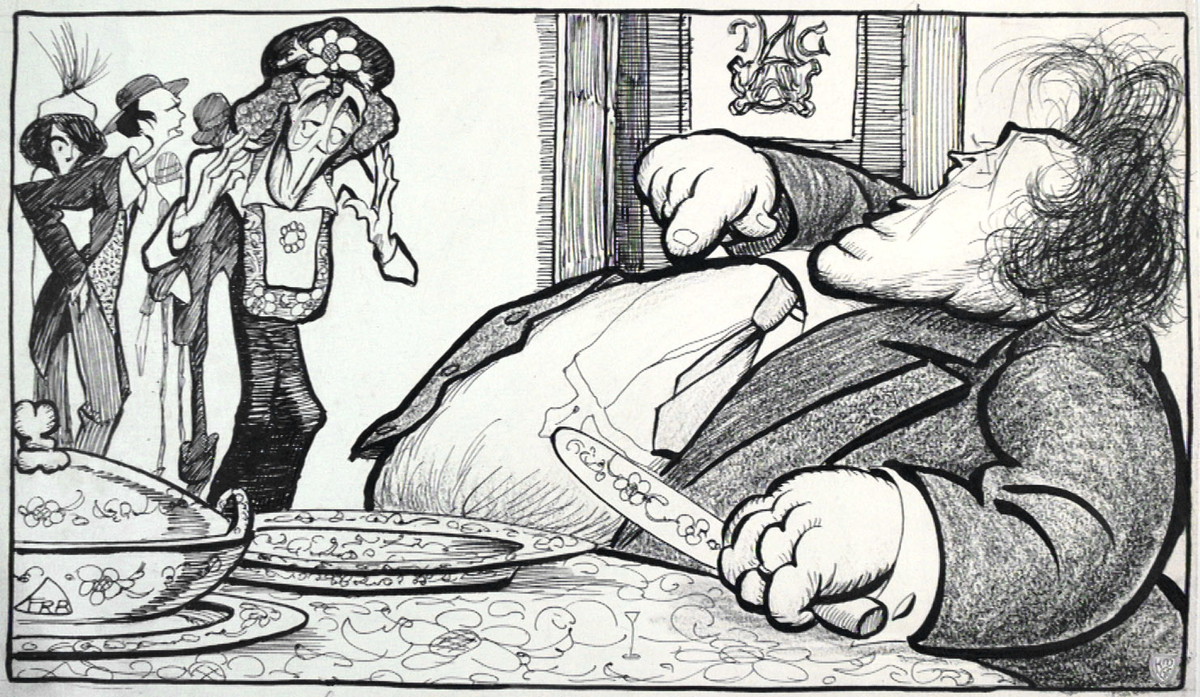 karikatur, mann
Rasmussen sitter stor og tykk med rosemalt service, mens tynne, magre skuespillere står foran ham.