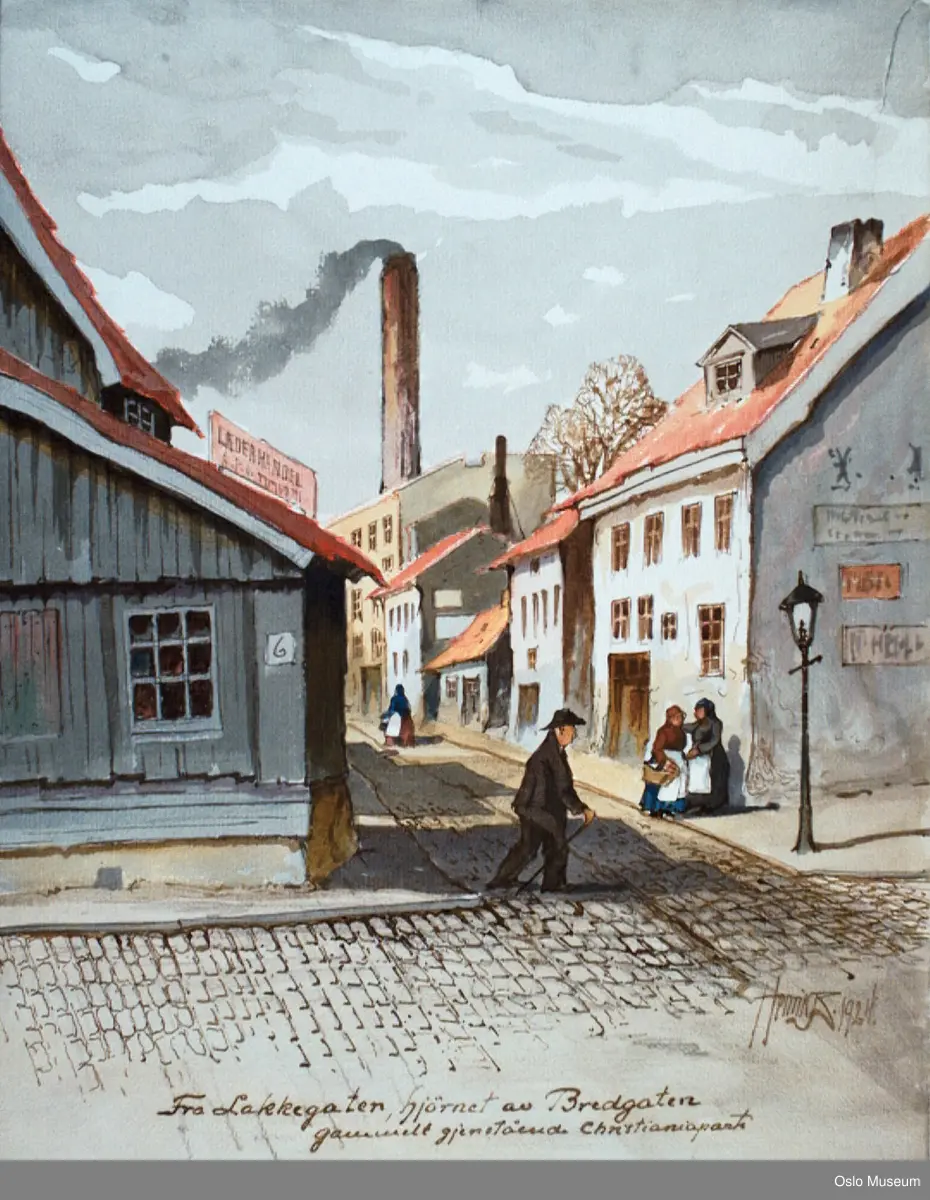 arkitektur, gatekrysss, folkeliv, husrekke, fabrikkpipe