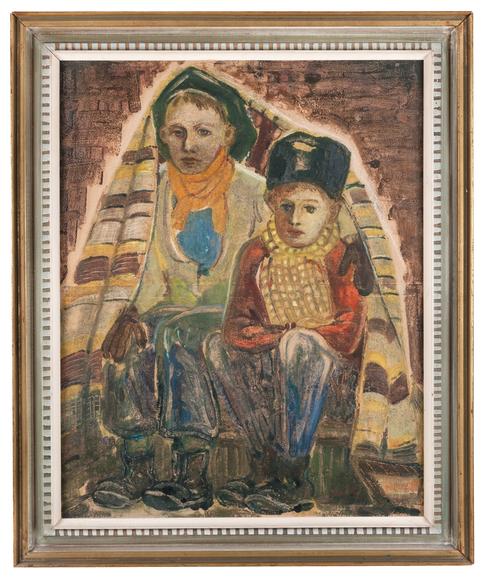 Pastell och krita, "Från ett skyddsrum", Gösta Bohm, 1943.
Baksidan har påskriven dedikation med röd krita: 
"Hudiksvall nov 1940. Med tack och hjärtliga hälsningar till familjen Engdahl från tillgivne Gösta Bohm. " Årtalet 1940 kan också vara 1946. Baksidans pappskiva kan också vara återanvänd.
Motivet anknyter till krig, andra världskriget, Förintelsen, judarnas situation.