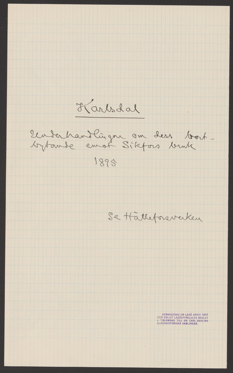 Karlsdals bruks kronologi.
Ur Carl Sahlins bergshistoriska samling.