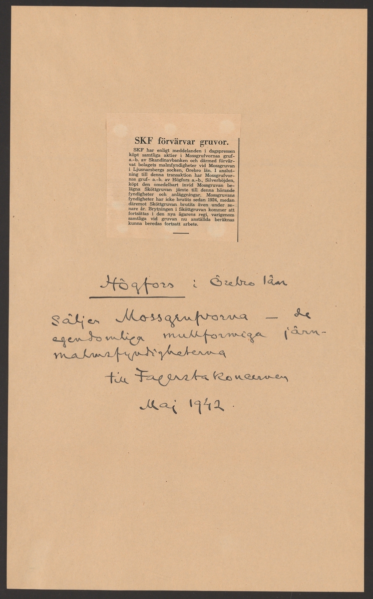 Högfors bruks kronologi.
Ur Carl Sahlins bergshistoriska samling.