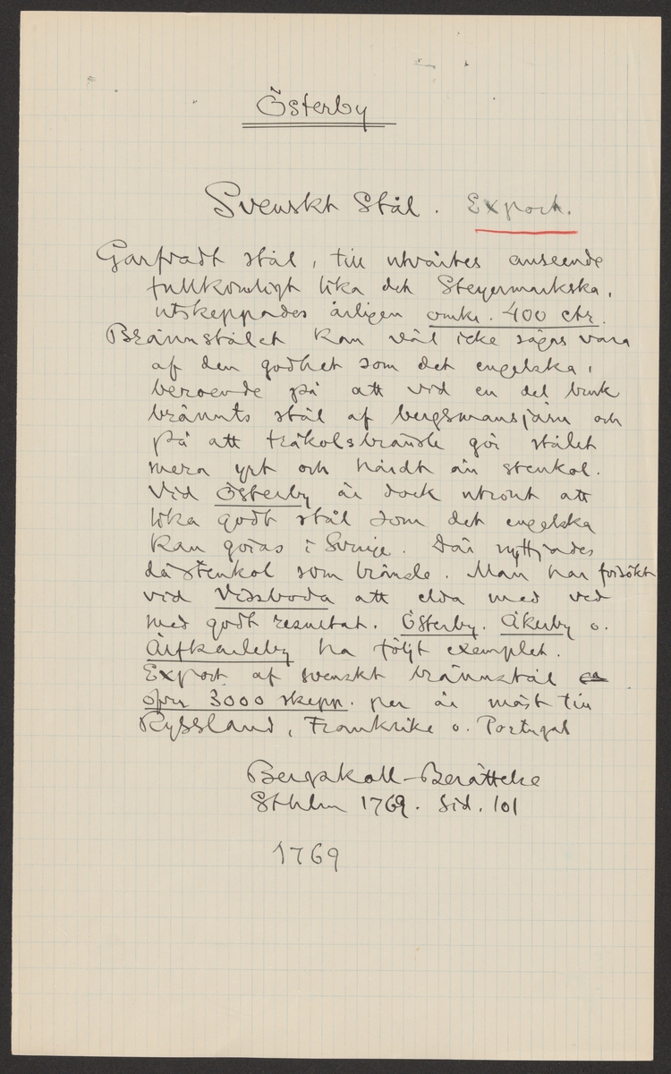 Österby bruks kronologi.
Ur Carl Sahlins bergshistoriska samling.
