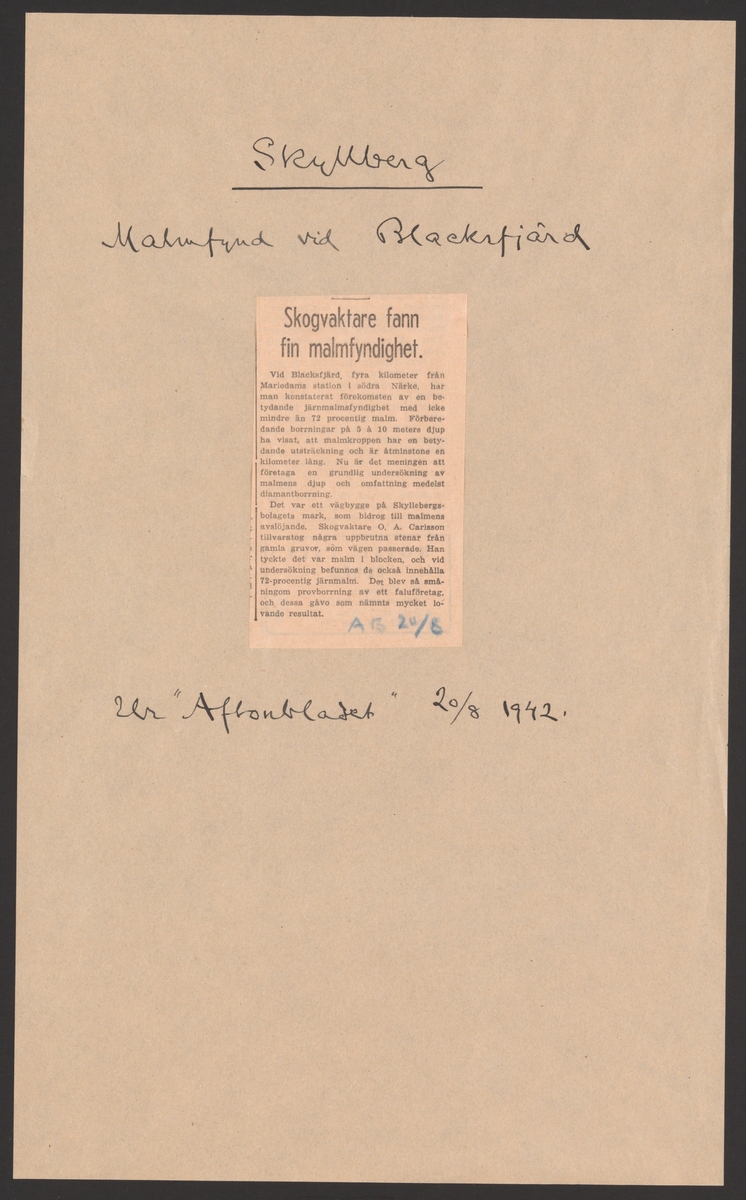 Skyllbergs bruks kronologi.
Ur Carl Sahlins bergshistoriska samling.