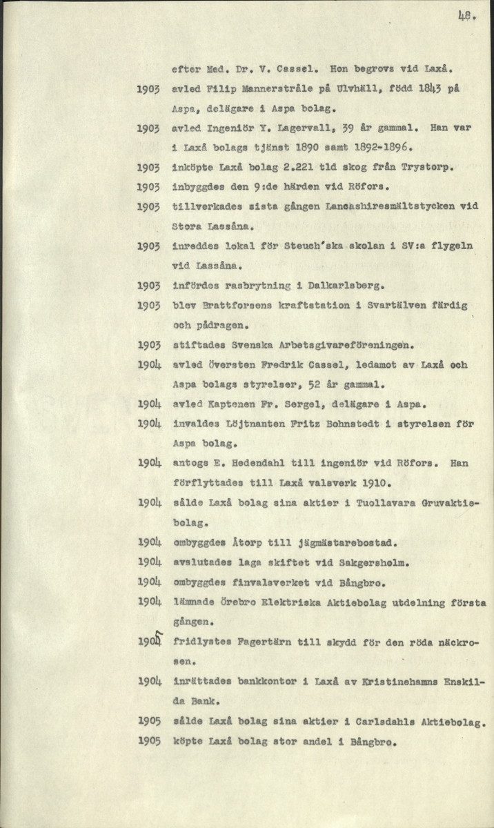 Laxåverken.
Laxå bruks kronologi.
Ur Carl Sahlins bergshistoriska samling.