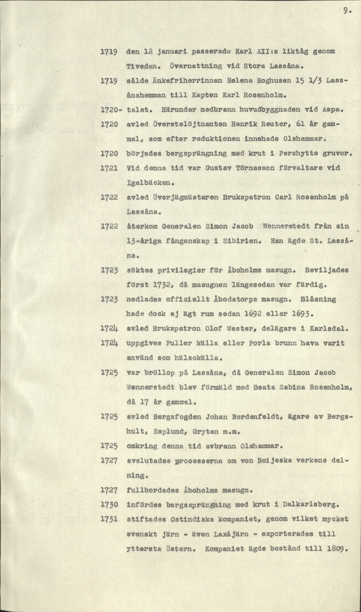 Laxåverken.
Laxå bruks kronologi.
Ur Carl Sahlins bergshistoriska samling.