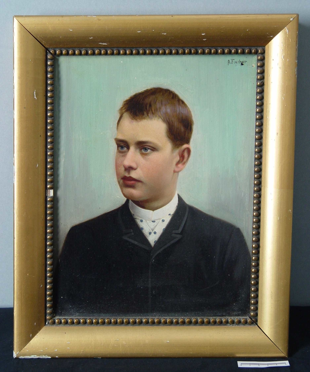 Oljemaleri på papp. Gullramme. Forestiller Chr. A. Bachke.