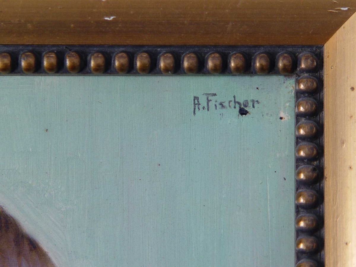 Oljemaleri på papp. Gullramme. Forestiller Chr. A. Bachke.