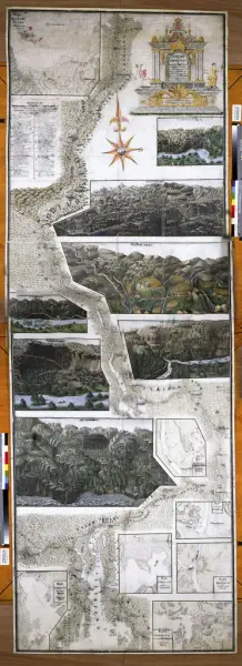 Gammel illustrasjon over Christian 6.'s reiserute på Østlandet, med detaljer fra de ulike besøksstedene uthevet.