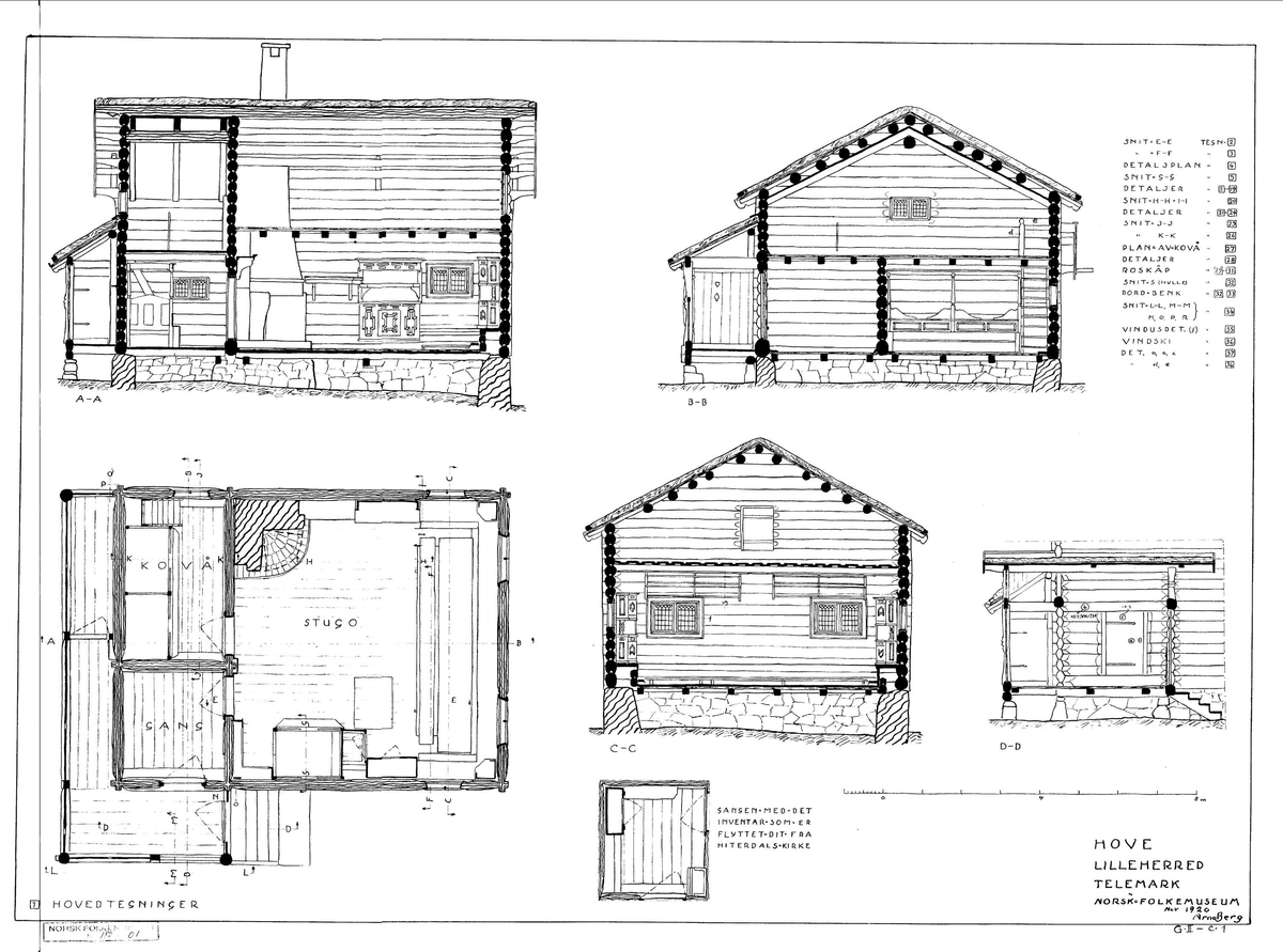 1738
Hovestua var gjestehus og stasstue og derfor større og rikere utstyrt en stuer flest. Samtidig er den helt etter byggeskikken med treromsplan. Foran inngangen er det en halvåpen sval i stavverk, som fortsetter rundt hjørnet på kortveggen. Et moderne trekk er den lave loftsetasjen uten vinduer. I forstua står flere inventarstykker fra Heddal stavkirke, som tilhørte Hovdefolket. Den middelalderske lesepulten med de rike utskjæringer er blitt ombygd til fattigbøsse. Stuerommet har bjelkehimling. Peis, seng, langbord, skap og benker er utført og plassert etter den faste skikken. Den digre senga er sammenbygd med skap, hvor nedre del har vært nedgangen til en kjeller. Byggherren var den rike Ole Olsen Hove, som fikk gården ved giftemålet med odelsjenta Tone Sveinungsdatter Hove. Byggeåret 1738 er skåret inn både ved inngangsdøra og inne i stua. Ole var sønn av den kjente bygelensmannen Ole Hovdejord eller "Tinnmannen". På hjørnene er initialene TSD og OOS innskåret. Forskjellige generasjoner har etterlatt seg diverse fromme sentenser, initialer og årstall. Alt løsøre har fulgt stua fra opphavstedet.

Norsk folkemuseums guidebok,  1996